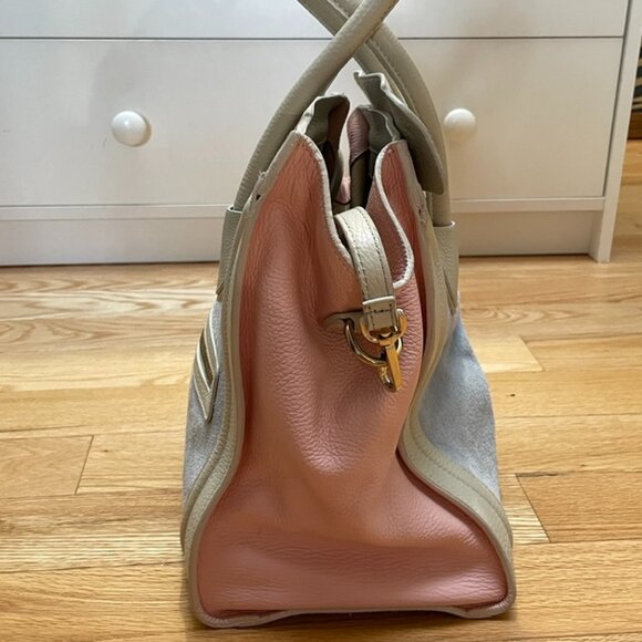 Italian Made Real Leather Tricolor Satchel Bag – Blue, Cream & Pink - Picture 2 of 10